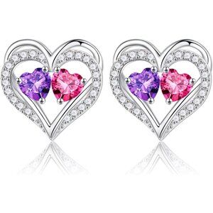 Women Anniversary Valentines Sterling Silver Heart Birthstone Stud Earrings